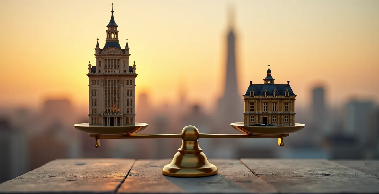 Comparaison visuelle entre un immeuble parisien et un gratte-ciel américain