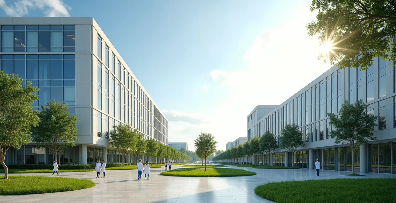 Complexe médical moderne avec architecture futuriste et espaces verts à Lake Nona